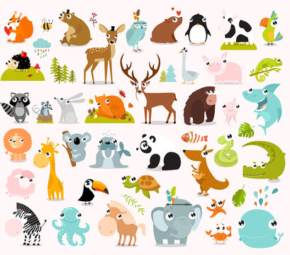 Print. Big set of animals. cow, alligator, bear, panda, penguin, octopus, koala, cartoon characters, zebra, animal logo, fox, pig, deer, monkey, rabbitgiraffe, whale, forest animals. vector ani
