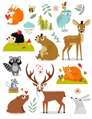 Obraz na płótnie Canvas Print. forest animals collection including deer, bear, squirrel, fox, hedgehog, fawn, hare, raccoon, mouse, owl, bee. autumn forest. Cartoon animals. Cartoon characters. 