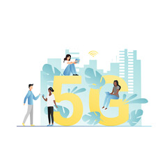 People stand and sit against background of 5g communication, wifi, city. Girls, guys, women, men spend time on smartphones, laptops, tablets on Internet online. New city high-speed network 5g.