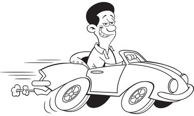 Black and white illustration of a smiling African American driving a sports car.