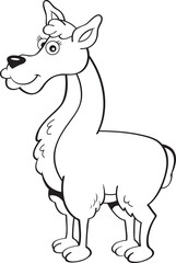 Black and white illustration of a smiling llama standing.