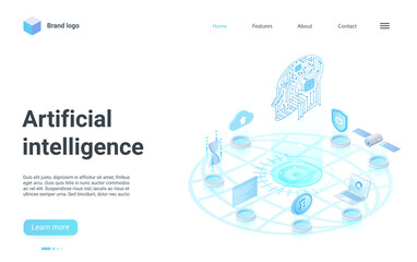 Artificial intelligence isometric landing page design, cartoon 3d abstract human head, digital brain connecting to internet network, cloud data web storage, ai neural connection vector illustration