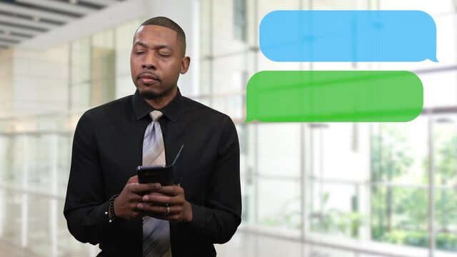 African American business man texting conversation with pop up text bubbles, room for copy, left of screen