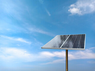 Obraz premium solar cell or Photovoltaics module (PV module, Solar module) isolated on cloudy blue sky background.