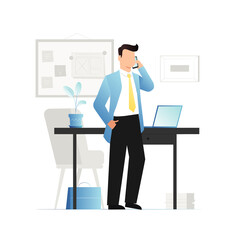 Fototapeta na wymiar Man in business,formal suit is standing, talking on phone in office. Guy on background of workplace with laptop, smartphone. Businessman solves the issues of company. Successful career as director.
