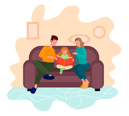 Parents with their child girl are sitting on the cozy sofa and reading book. The concept of happy family and earlier education process. Flat design Illustration. Vector.