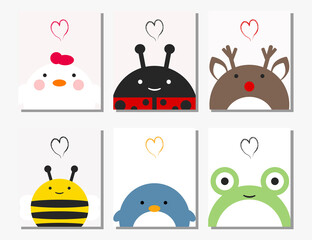 Flat Valentine day cards whith animals isolated vector illustration. Holiday wallpaper. Design element. Celebration concept. Festive event banner.