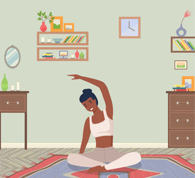 Woman doing yoga exercise. Young dark skinned fit girl sitting in lotus position. Female character taking care of her health, leads a healthy lifestyle, doing relaxation exercises in living room