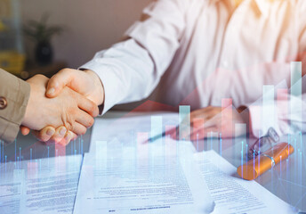 Businessman handshake with increase  digital graphic diagram. Communication, teamwork, partnership...
