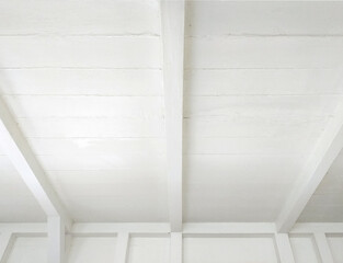 Reed white wooden roof perspective background. White ceiling beams pattern background.White wooden ceiling beams.