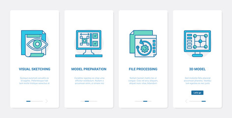 3d model file processing design vector illustration. UX, UI onboarding mobile app page screen tech set with line process of document preparation, visual sketching, designing and modelling technology