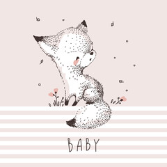 Cute little fox. Linear vector illustration