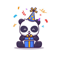 Cute Panda Birthday Party Cartoon Vector Icon Illustration. Animal Party Icon Concept Isolated Premium Vector. Flat Cartoon Style