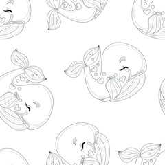 Cartoon whale with heart bubbles seamless pattern sketch template. Vector illustration in black and white for games, background, pattern, decor. Coloring paper, page, story book. Print for fabrics