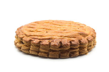 Closeup of traditional king cake on white background