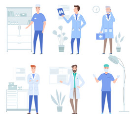 Set of illustrations about study of the state of the body and human organs. Medical services concept. Doctors in white coats work with data and special equipment. Hospital work vector illustration