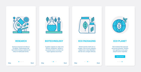 Scientific research on planet ecology protection technology vector illustration. UX, UI onboarding mobile app page screen set with line science biotechnology, eco friendly reusable container packaging