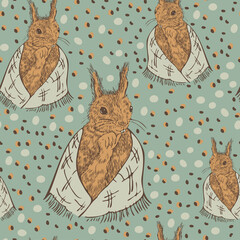 Vector seamless pattern with squirrels in scarf and acorns. Cute animal pattern design.