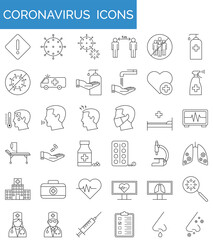 set of icons in thin flat style on the theme of virus