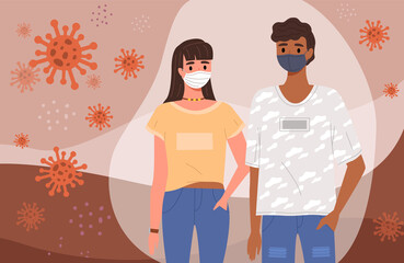 Couple of people is wearing medical masks. People adhere to quarantine regulations. Cartoon characters on the background of coronaviruses and bacterias, quarantine period, vector illustration