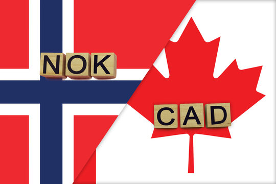 Norway and Canada currencies codes on national flags background