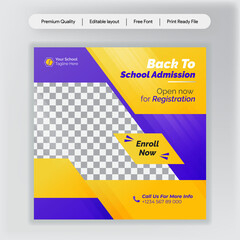 School Students Admission social media post, promotional discount Back to school admission social media post banner template Design.Back to School admission by social media Instagram,Facebook post kit
