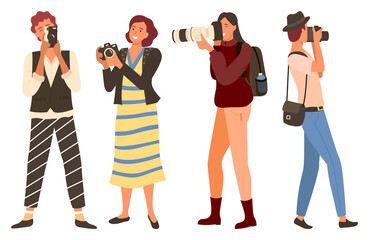 Females character holding camera, travel and photographing. Photographers people in casual clothes standing with photo-camera equipment, focusing vector