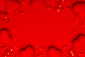 Valentine's day or Wedding romantic frame with red hearts on red background. Love concept.