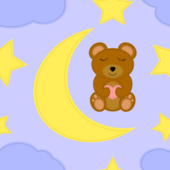 Seamless pattern. Felt toys. Cute bear, moon with stars, cloud. Illustration of simple toys.