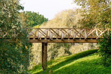 Fototapeta na wymiar beautiful wooden bridge over the river in a beautiful autumn park.