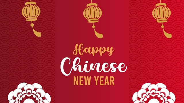 happy chinese new year lettering with golden lamps