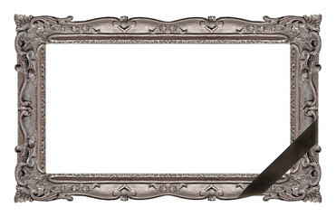 Silver frame with black mourning ribbon for paintings, mirrors or photo isolated on white background