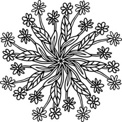 mandala flower gerber chamomile daisy leaves branches flowering spring summer lined doodle coloring book page black and white background