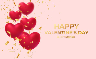 Red glittering heart shape balloons with gold glittering confetti inscription Happy Valentines Day isolated on pink backgroundVector illustration