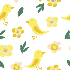 bird and flowers seamless pattern. wallpaper, textiles, wrapping paper. vector hand drawn doodle. trending colors 2021 gold, green, gray, yellow. baby, spring, summer.