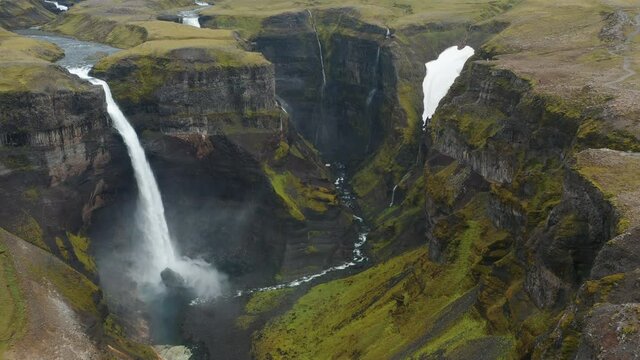 Haifoss waterfall in Iceland, Aerial view of natural wonder Landmannalaugar canyon.