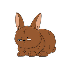 Cartoon rabbit is unhappy, eyes narrowed, looks with contempt, does not like something, lies on the floor. Animal is on white background