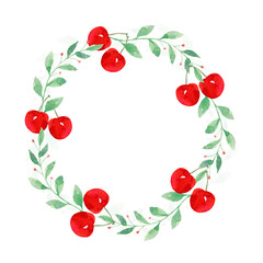 Hand painted watercolor  Cherry Wreath isolated