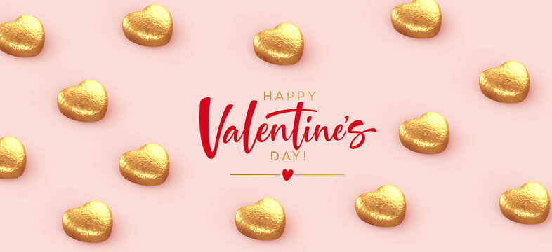 Background for Valentines Day banner, poaster, postcard made of heart-shaped chocolates wrapped in gold foil with the inscription Happy Valentines Day on a pink background. Vector illustration