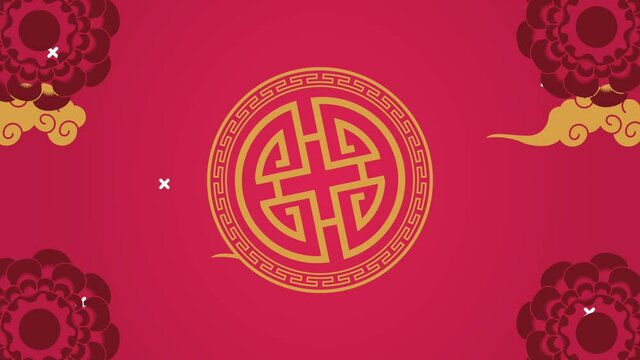 happy chinese new year with golden seal and floral decoration