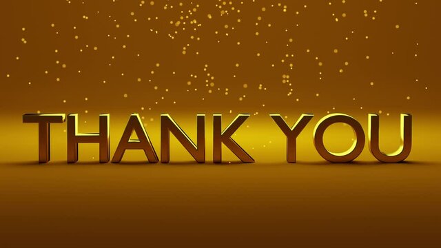 3D text "thank you" with gold color is placed on gradient gold background. Glowing gold particles are falling from top side. Decoration message, usable as greeting.