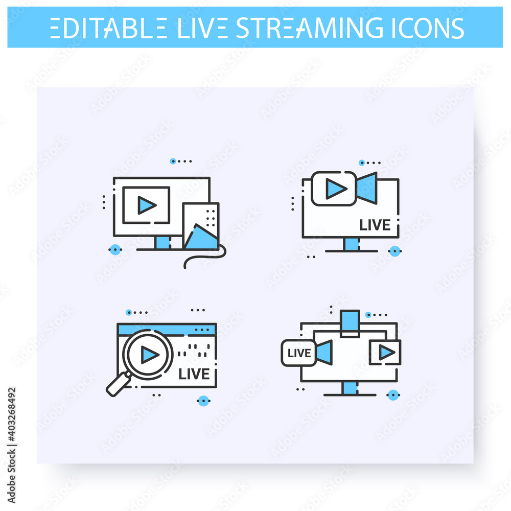 Poster live streaming line icons set. online video stream. blogging and broadcasting technologies. internet