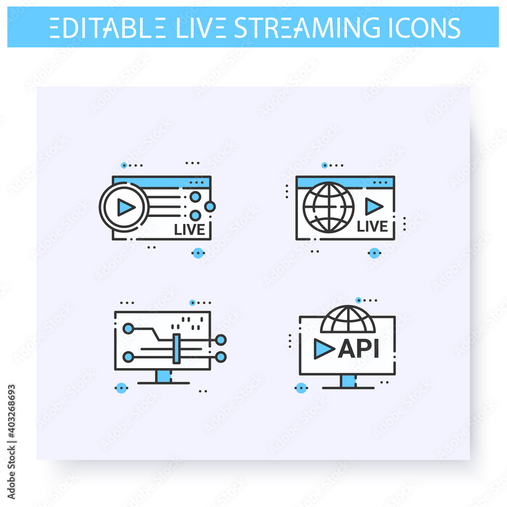 Poster live streaming line icons set. online video stream. blogging and broadcasting technologies. internet