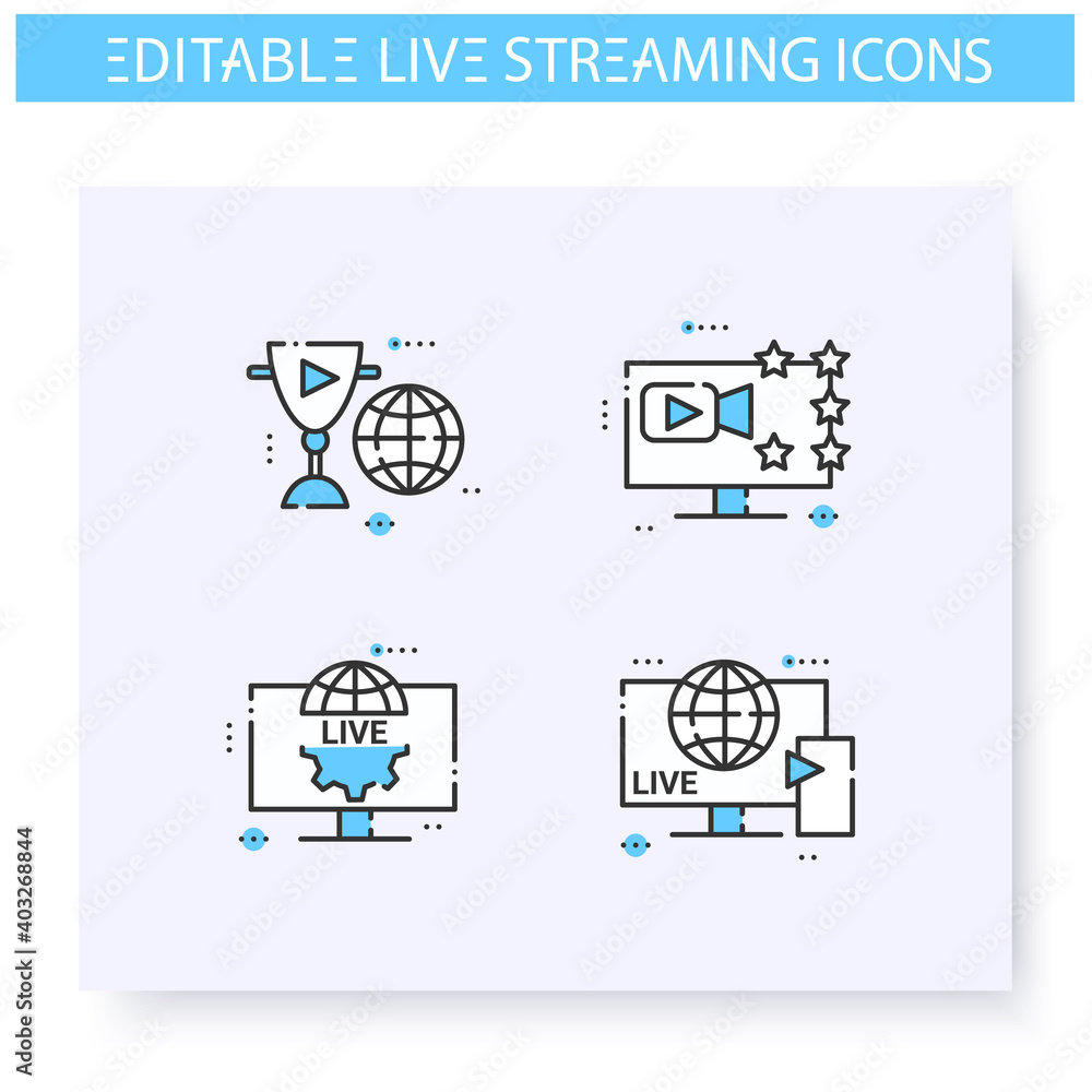 Poster live streaming line icons set. online video stream. blogging and broadcasting technologies. internet