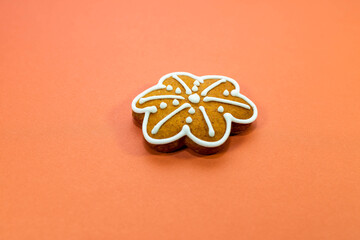 Home made  decorated gingerbread honey cookie on orange background close up.