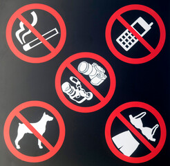 Prohibition signs for camera, camcorder, phone, dog, smoking, shorts and tank top