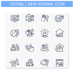 New normal concept line icons set. Health care and prevention culture. Social isolation and global automation. New life after covid19 outbreak. Isolated vector illustrations. Editable stroke 