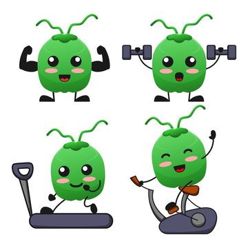 vector illustration of cute coconut fruit gym fitness theme bundle set. cute coconut fruit Concept White Isolated. Flat Cartoon Style Suitable for Landing Page, Banner, flyer, Sticker.