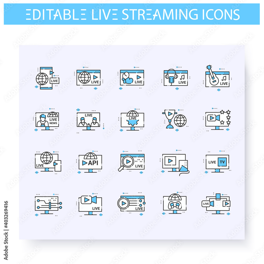Aufkleber live streaming line icons set. online video stream. blogging and broadcasting technologies. internet