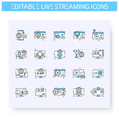 Live streaming line icons set. Online video stream. Blogging and broadcasting technologies. Internet content production. Commercial web video concept. Isolated vector illustrations. Editable stroke 